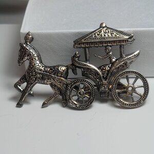 Spain Sterling Silver Brooch Damascene Carriage Articulated Wheels Rare Art